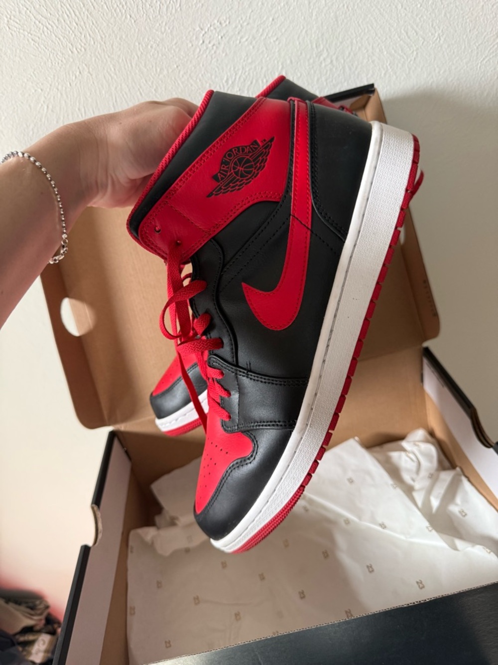 Jordan 1 Mid Nike Men’s Black and Red High-Top Sneakers - Picture 9 of 14